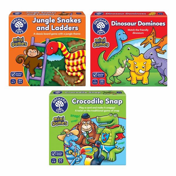 Orchard Toys Minigames Traditional Games Multi Pack - Jungle Snakes and Ladders, Dinosaur Dominoes and Crocodile Snap